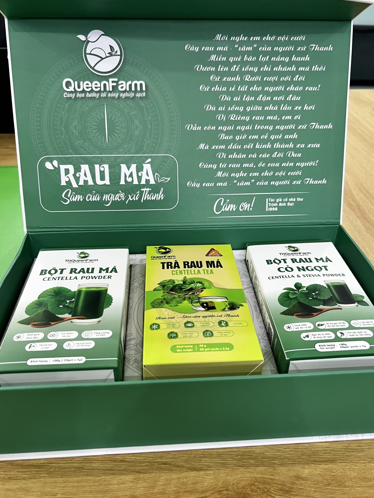 Hiện nay, THQueenFarm có các sản phẩm từ cây sau má: Bột rau má, trà rau má, bột rau má cỏ ngọt