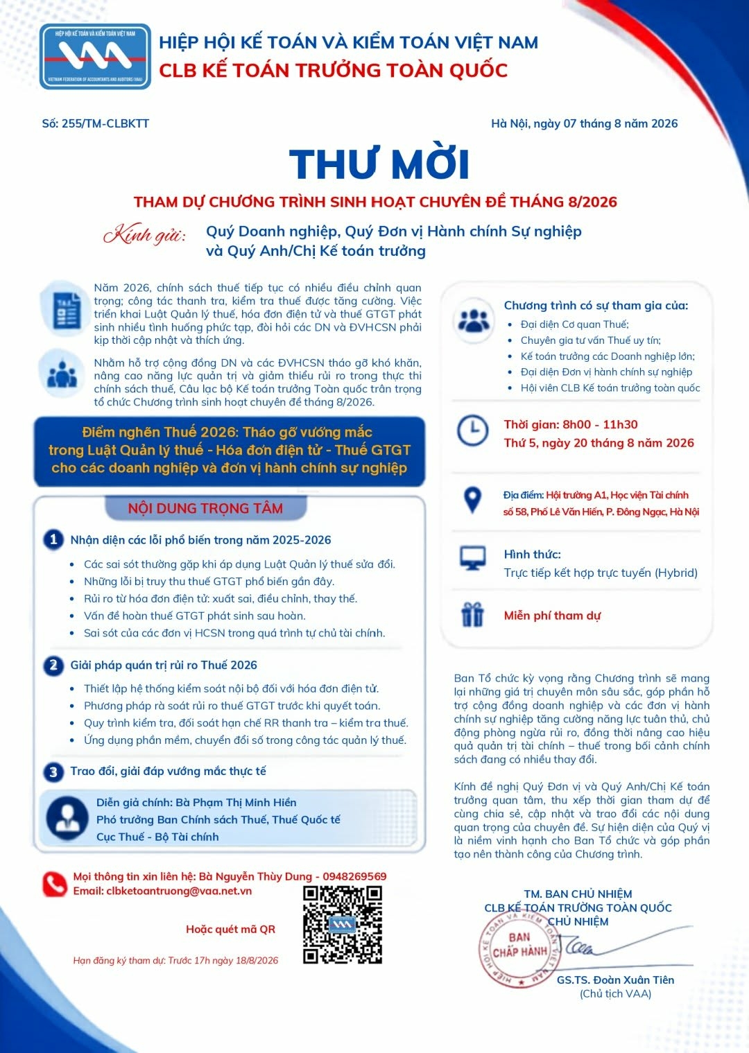 Cục thuế và Câu lạc bộ Kế toán trưởng toàn quốc tổ chức gỡ vướng miễn phí về truy thu thuế, hoá đơn Cục thuế và Câu lạc bộ Kế toán trưởng toàn quốc tổ chức gỡ vướng miễn phí về truy thu thuế, hoá đơn