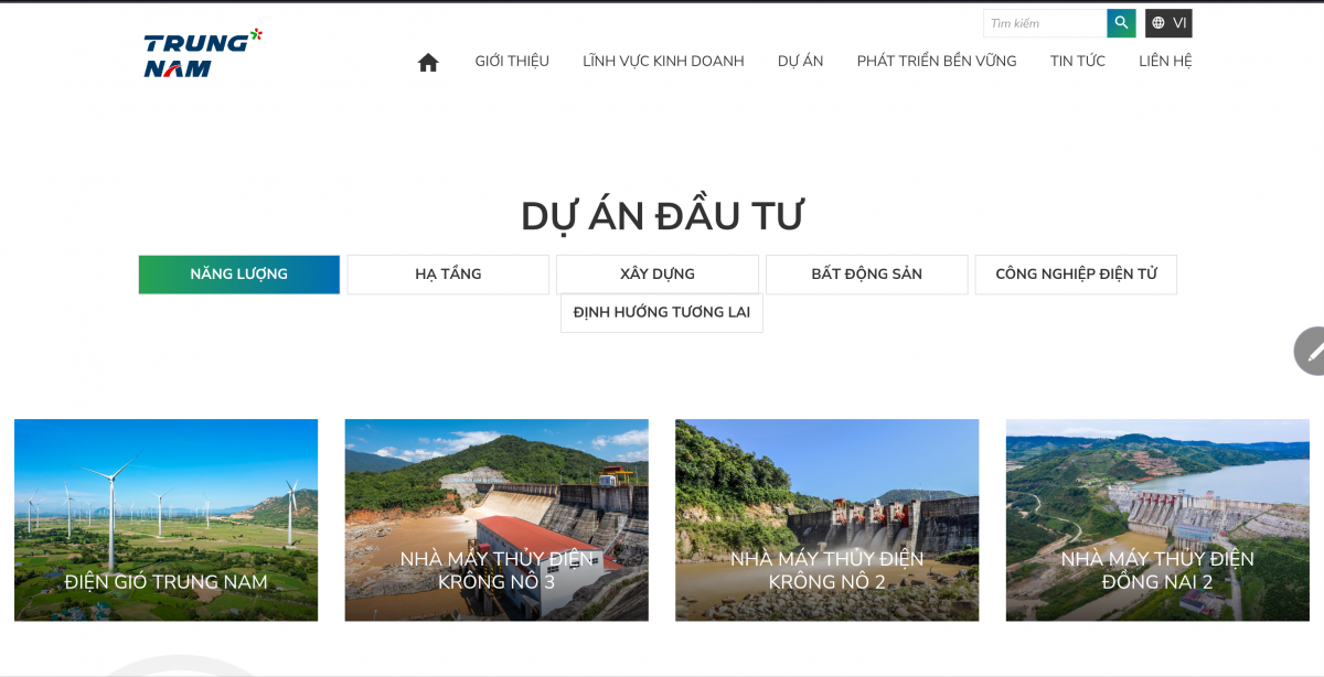 Hệ sinh thái Trung Nam Group hoạt động trong các lĩnh vực Năng lượng – Hạ tầng – Xây dựng – Bất Động sản – Công nghiệp điện tử (Ảnh chụp màn hình website Trung Nam Group)