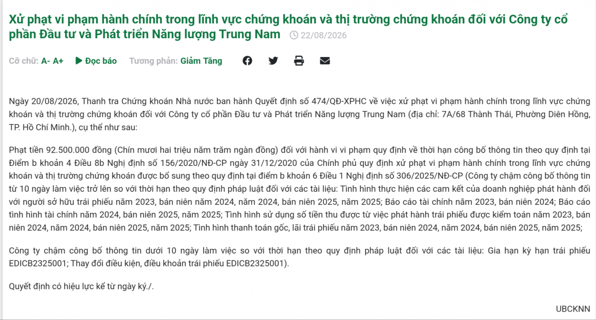 Hai doanh nghiệp thuộc Trung Nam Group bị Thanh tra Chứng khoán Nhà nước xử phạt trong chưa đầy một tuần