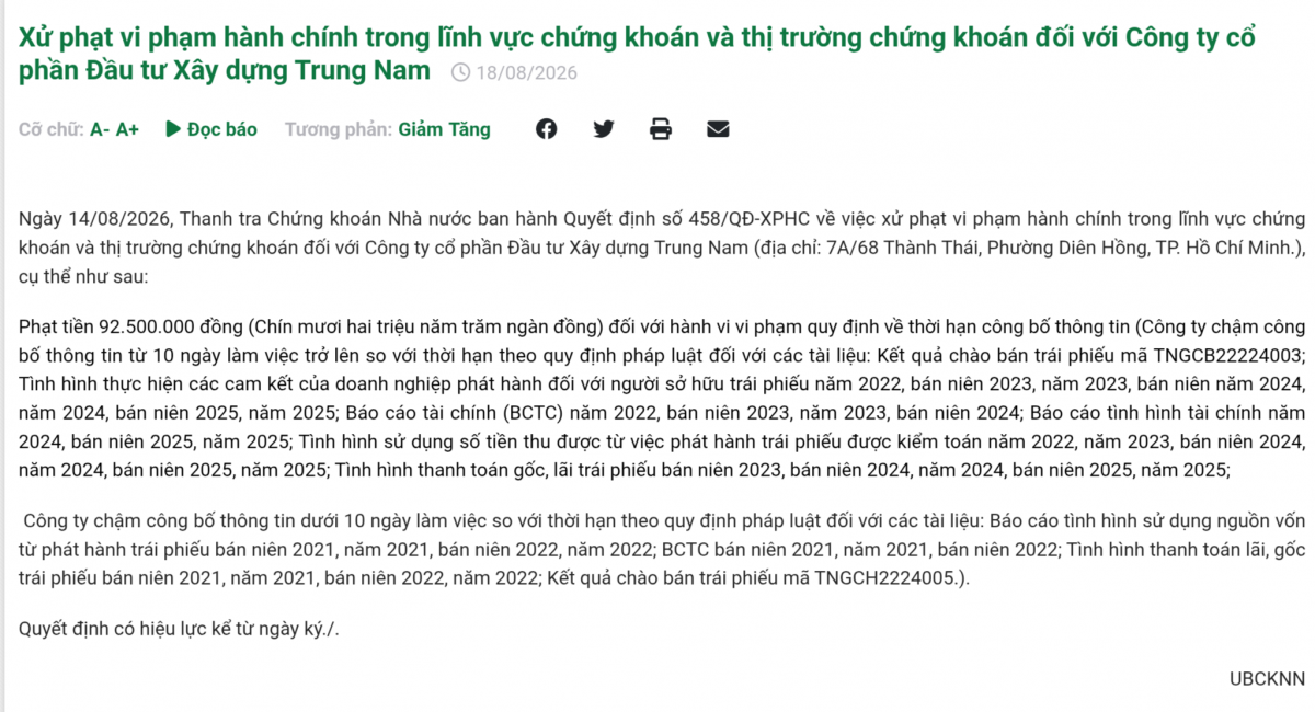 Hai doanh nghiệp thuộc Trung Nam Group bị xử phạt trong chưa đầy một tuần