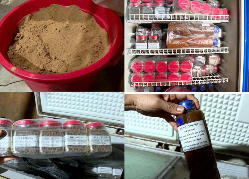 Các loại thuốc do vợ chồng Nguyễn Văn Mạnh tự chế bị lực lượng Công an thu giữ.	(Ảnh Công An tỉnh Bắc Ninh)