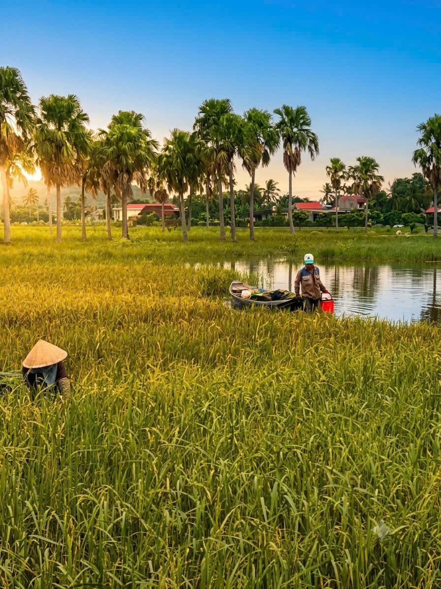 Bà con thôn Đa Tiền gặt lúa giúp hộ gia đình cao tuổi