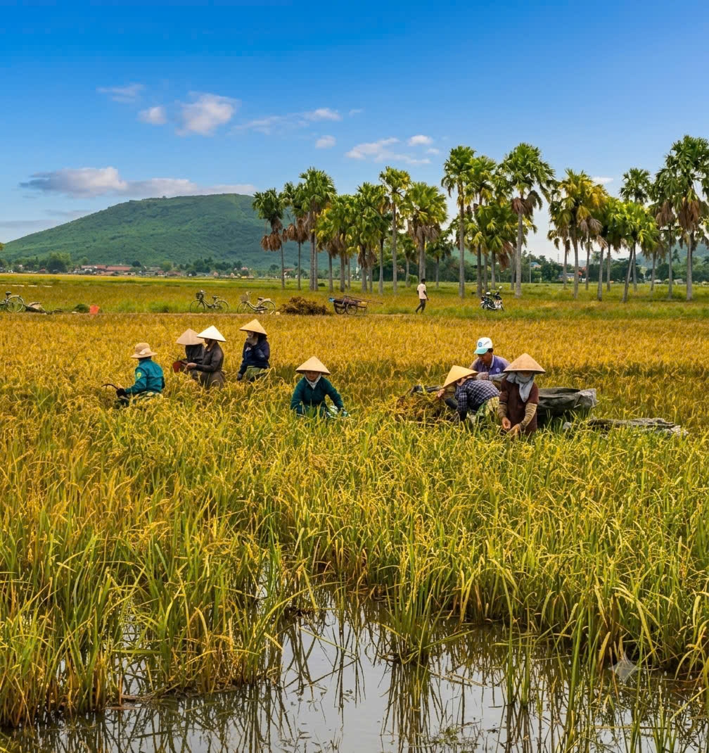 Bà con thôn Đa Tiền gặt lúa giúp hộ gia đình cao tuổi