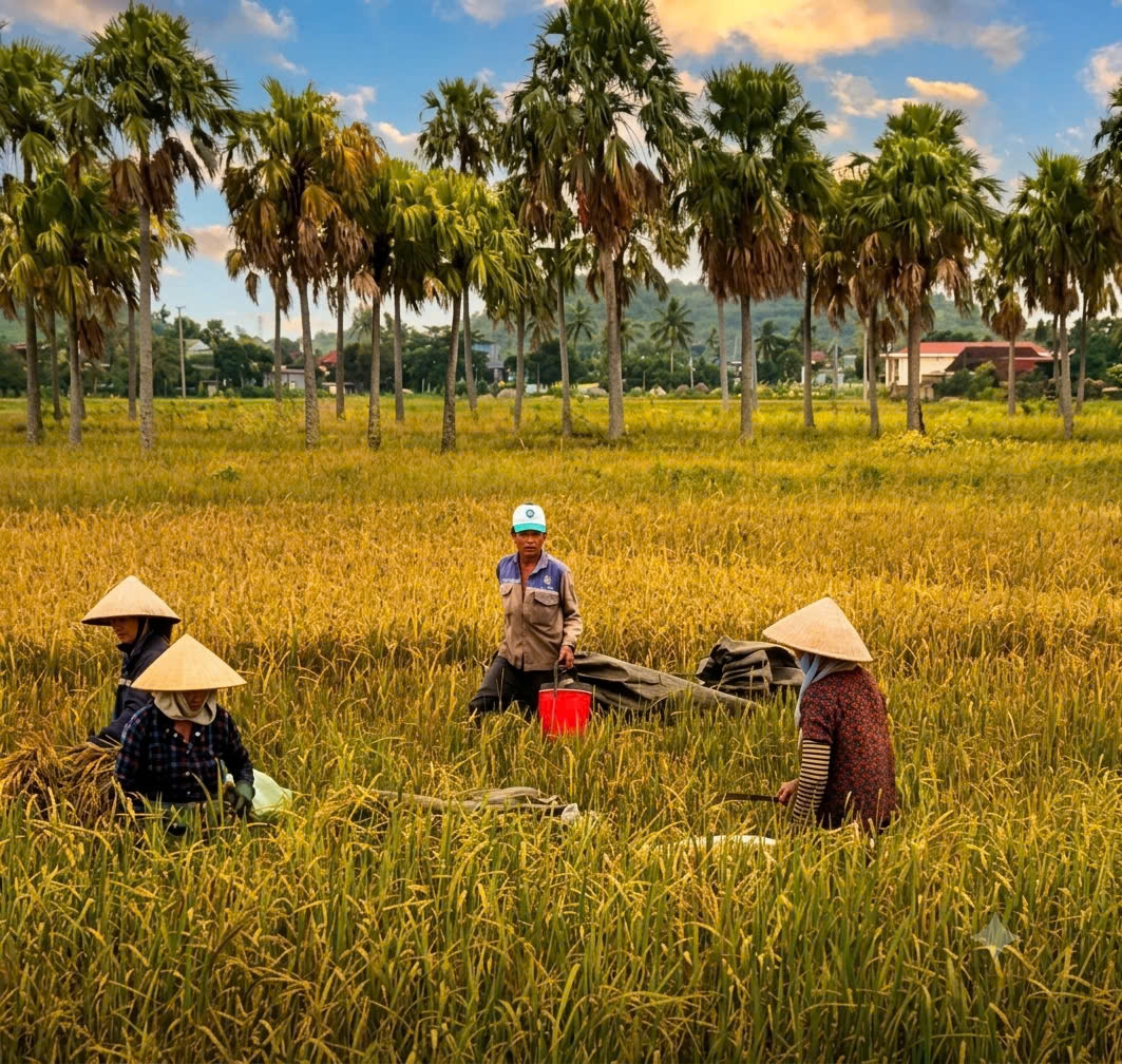 Bà con thôn Đa Tiền gặt lúa giúp hộ gia đình cao tuổi