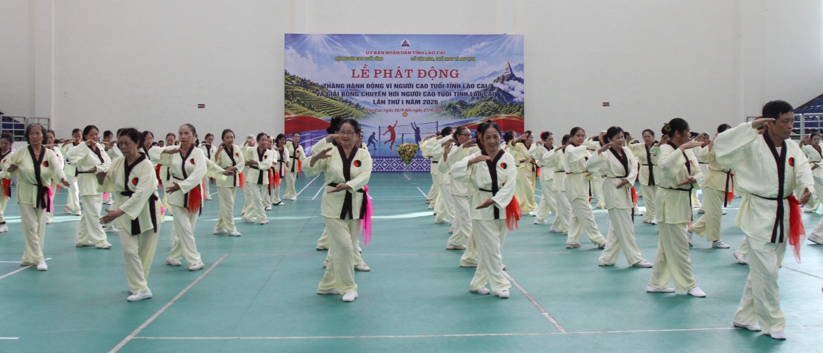 Màn đồng diễn dưỡng sinh “Trường sinh đạo thái cực quyền” do các thành viên Câu lạc bộ Trường sinh đạo thái cực quyền phường Yên Bái biểu diễn. Màn đồng diễn dưỡng sinh “Trường sinh đạo thái cực quyền” do các thành viên Câu lạc bộ Trường sinh đạo thái cực quyền phường Yên Bái biểu diễn.