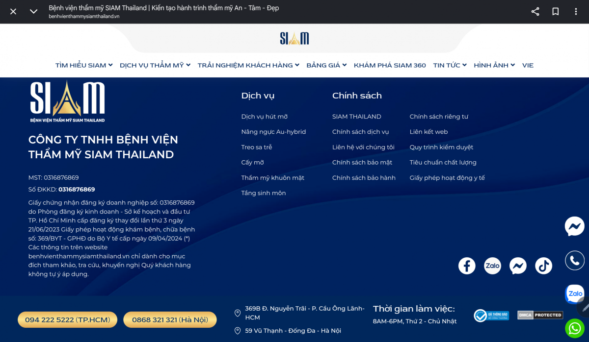 Nhiều nghi vấn về quan hệ giữa Siam Thailand và Siam Thái Lan. Ảnh chụp màn hình web benhvienthammysiamthailand.vn Nhiều nghi vấn về quan hệ giữa Siam Thailand và Siam Thái Lan. Ảnh chụp màn hình web benhvienthammysiamthailand.vn