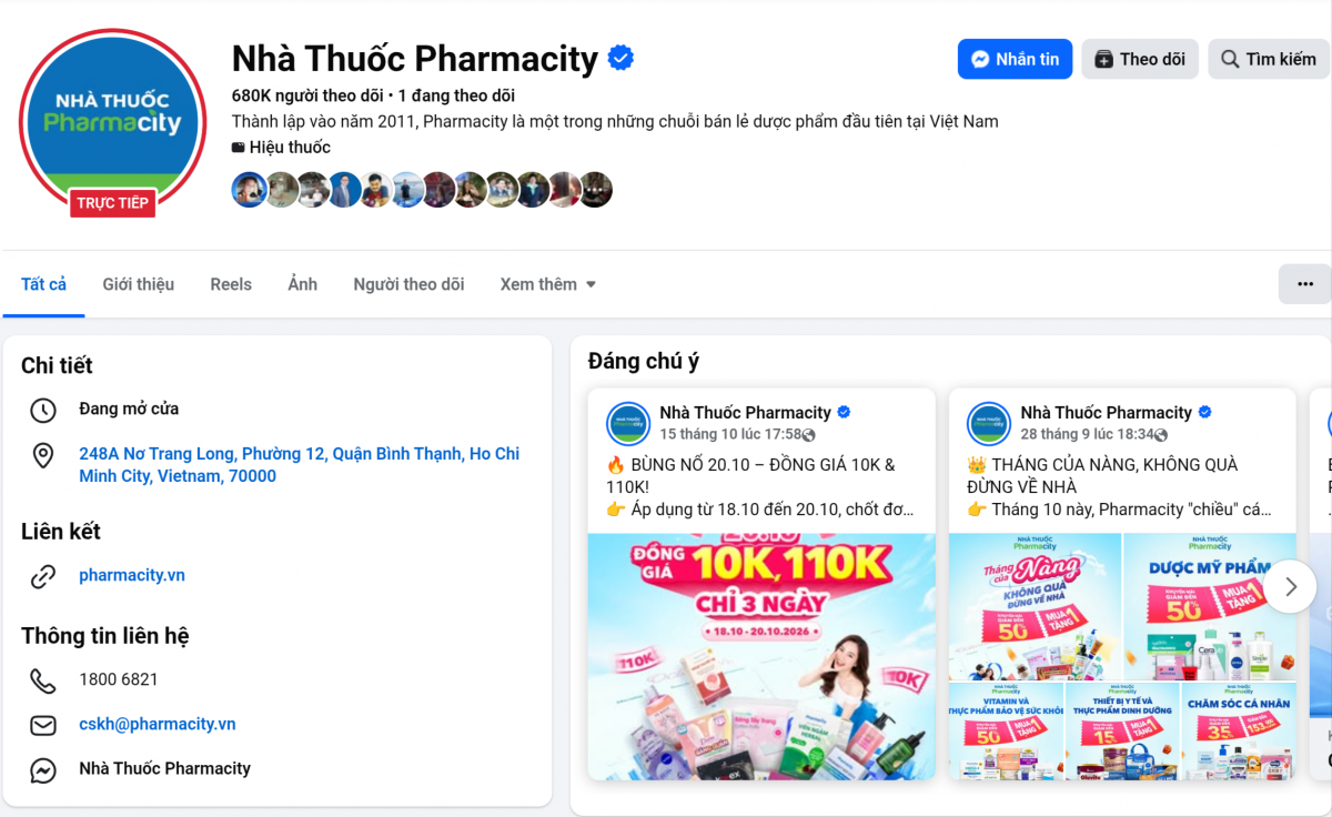 Ảnh chụp màn hình Fanpage Nhà thuốc Pharmacity