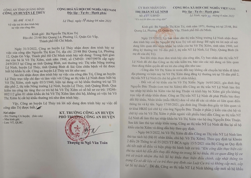 Văn bản của Công an huyện Lệ Thủy và UBND thị trấn Nông trường Lệ Ninh xác nhận về việc cụ Xiêm bị cắt hộ khẩu thường trú. Văn bản của Công an huyện Lệ Thủy và UBND thị trấn Nông trường Lệ Ninh xác nhận về việc cụ Xiêm bị cắt hộ khẩu thường trú.